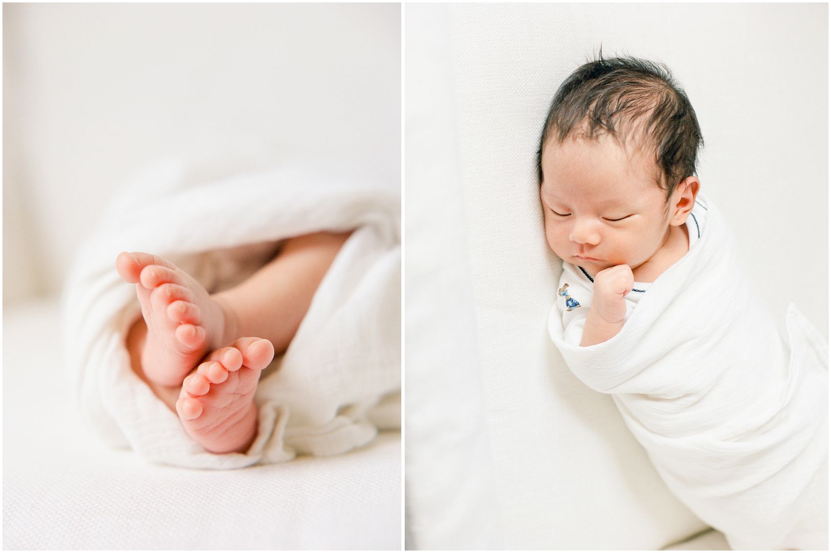 Best Newborn Photography NYC with baby boy sleeping wrapped in white with cute baby toes