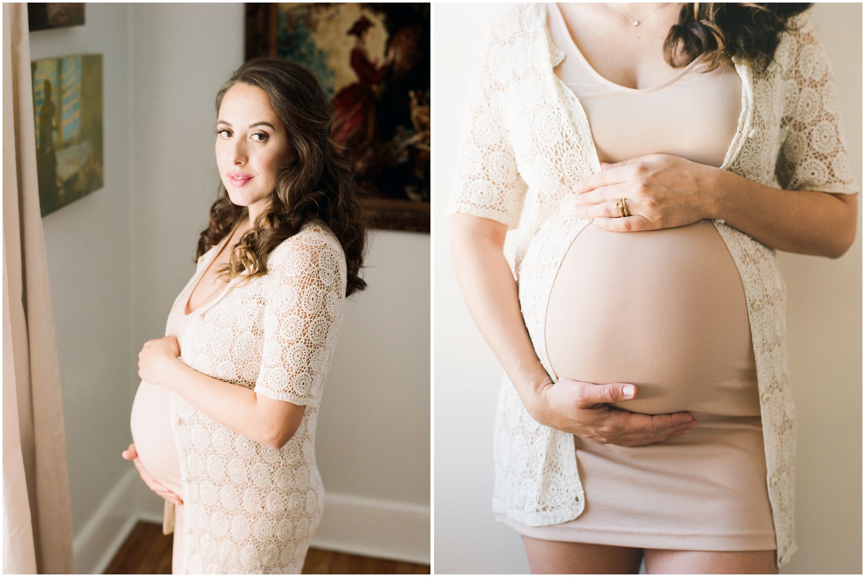 Maternity session in NYC with pregnant mom looking Mona Lisa