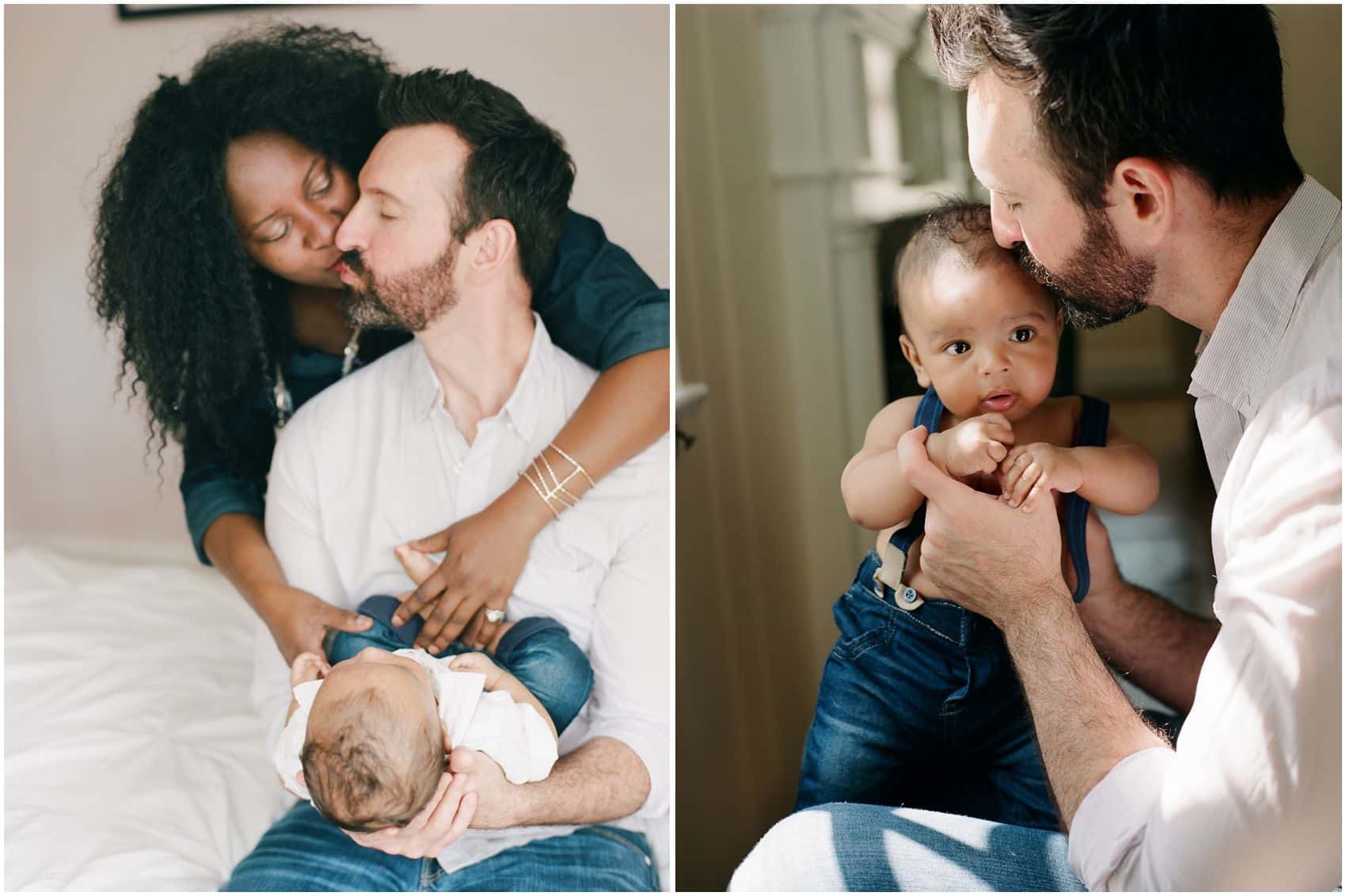 Newborn photos with mom and dad kissing with their baby boy 