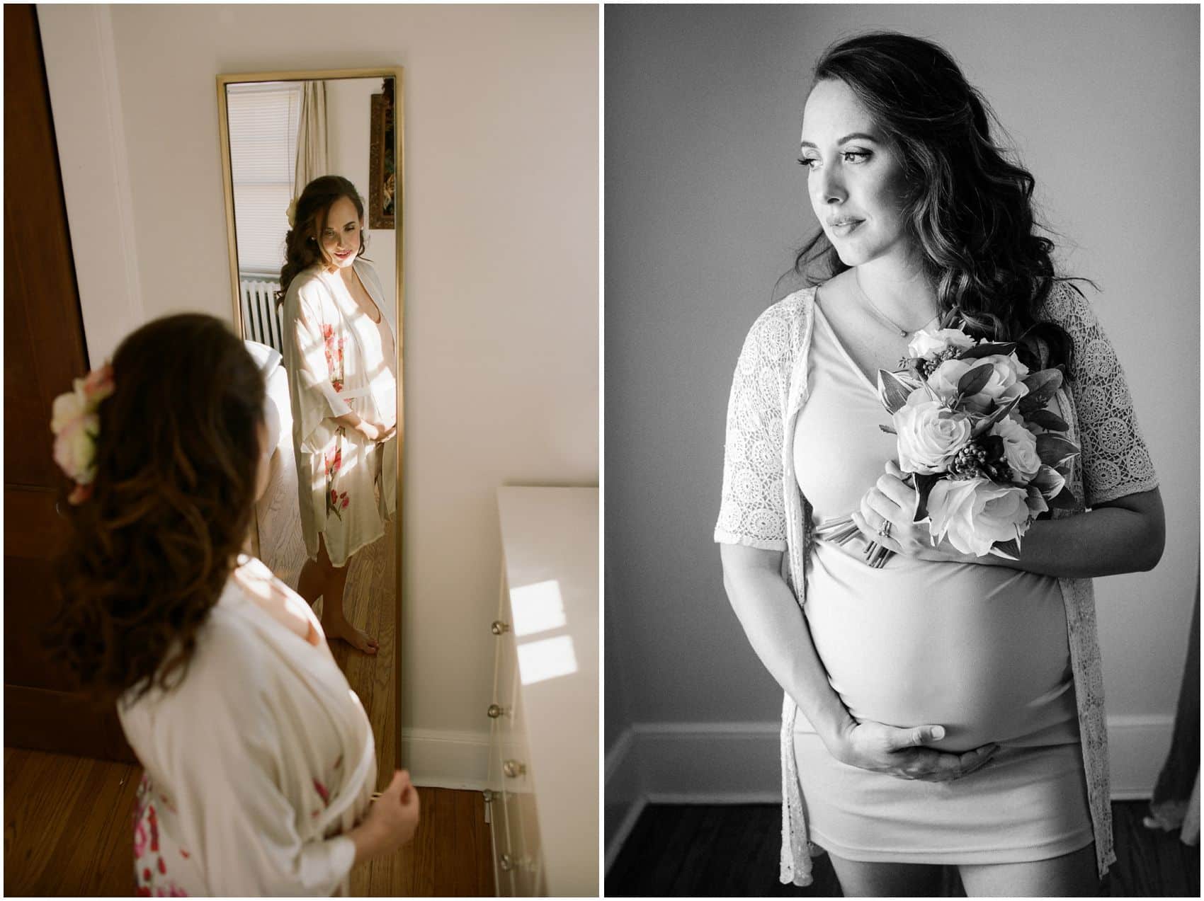 pregnant mom wearing a silky maternity dress and looking in the mirror of her NYC home