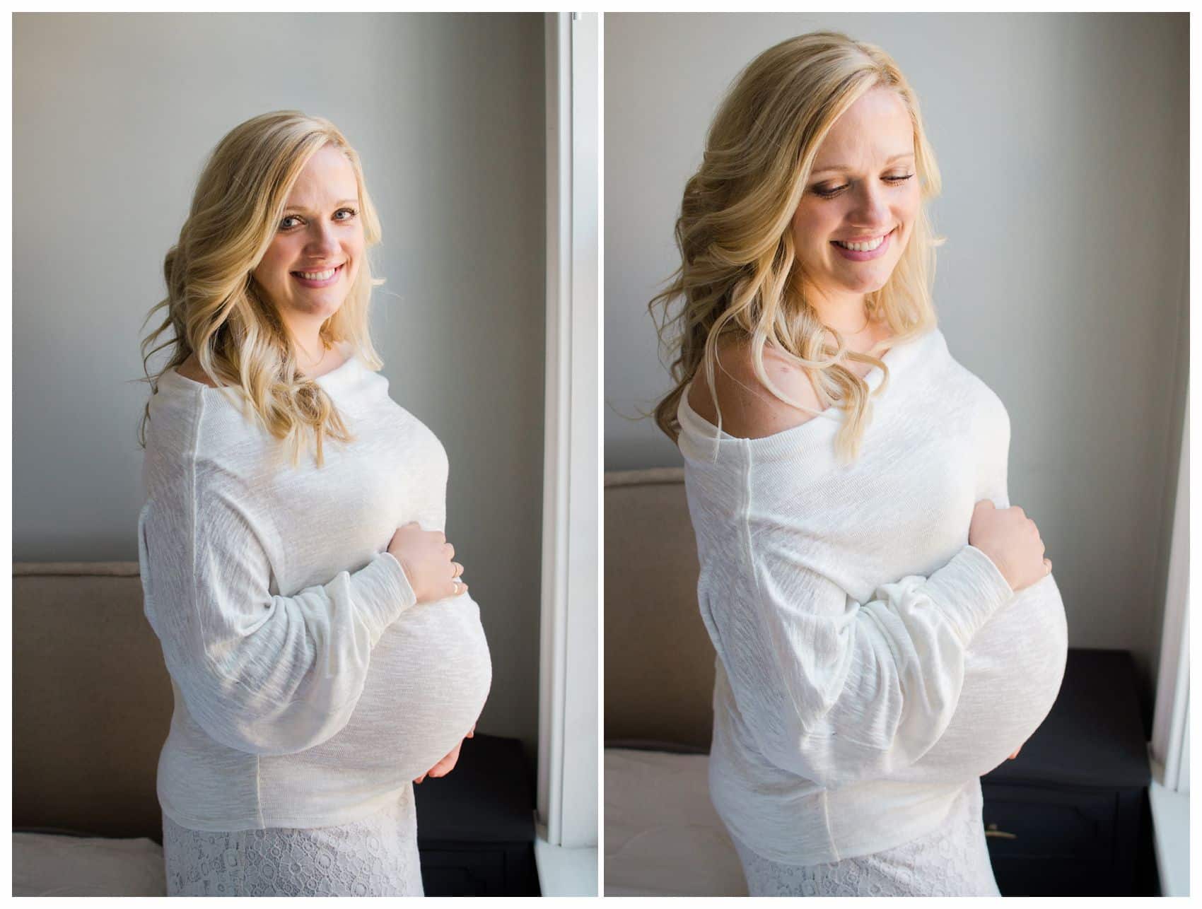 smiling happy and pregnant mom wearing a white stunning dress during the in-home maternity session in Manhattan NY