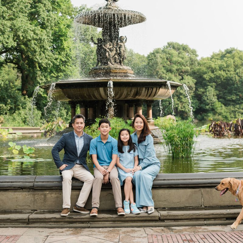 Central Park family photography session at Bethesda Fountain with Manhattan family of four and gold retriever