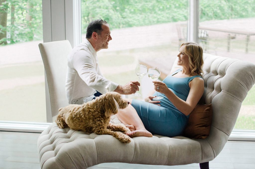 Maternity portrait with dog at home — lifestyle maternity photographer NJ