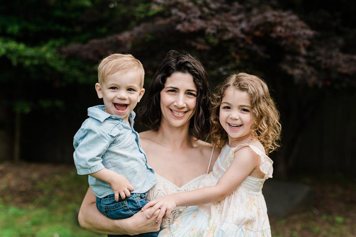 Kids laughing with mom during morning portrait session, Summit, NJ
